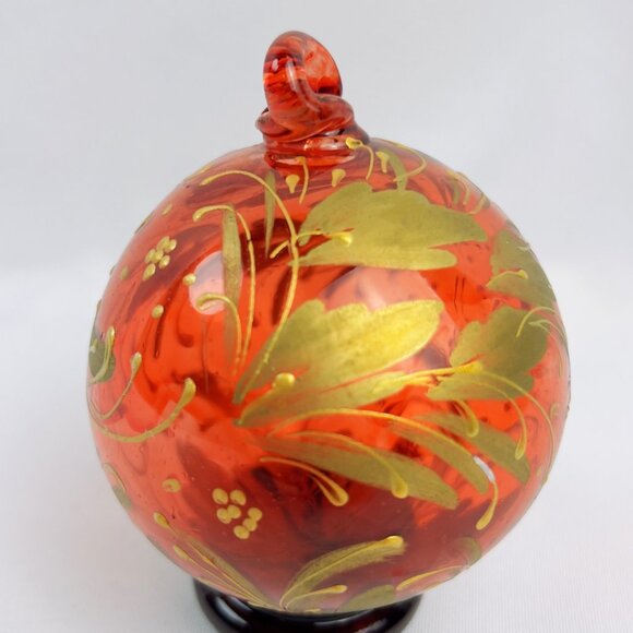 Vintage Blown Glass Christmas Tree Ornament Red and Gold Hand Painted Sphere - Picture 5 of 7